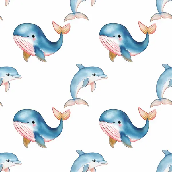 Beyaz arka planda mavi ve pembe renkli şirin, çizgi film tarzı balinalar ve yunuslar içeren kusursuz bir suluboya deseni..