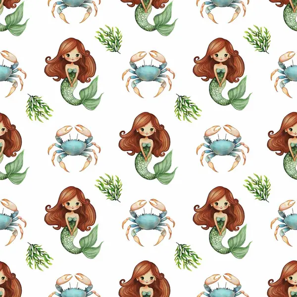 Uzun kahverengi saçlı, yengeçli ve yosunlu şirin deniz kızlarının olduğu sulu boya desenleri. Tasarım renkli ve eğlenceli, çocuk dekoru veya kumaşı için mükemmel..