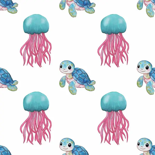Uzun pembe dokunaçlı şirin denizanaları ve mavi kabuklu sevimli kaplumbağalar içeren sulu boya desenleri. Tasarım eğlenceli ve renkli.