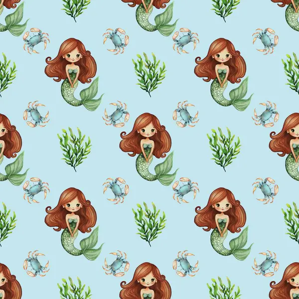 Açık mavi arka planda uzun kahverengi saçlı, yengeçli ve deniz yosunlu şirin deniz kızlarının olduğu tuhaf bir suluboya deseni. Çocuk dekorasyonu ya da kumaş tasarımı için mükemmel..