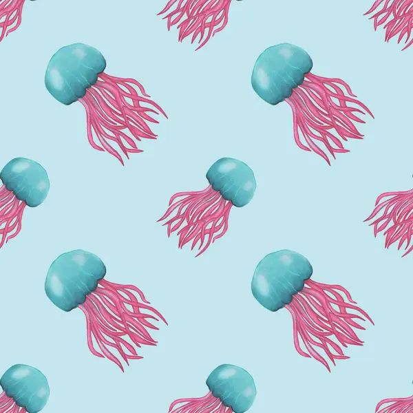 Mavi kubbeli ve açık mavi arkaplanda pembe dokunaçlı renkli denizanaları içeren kusursuz bir suluboya deseni..