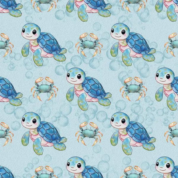 Açık mavi arka planda baloncuklarla çevrili şirin karikatür kaplumbağa ve yengeçleri içeren sulu boya desenleri..