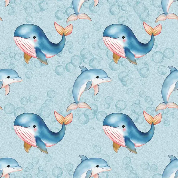 Açık mavi bir zemin üzerinde kabarcıklar arasında yüzen karikatür tarzı balina ve yunusların yer aldığı neşeli bir suluboya deseni..