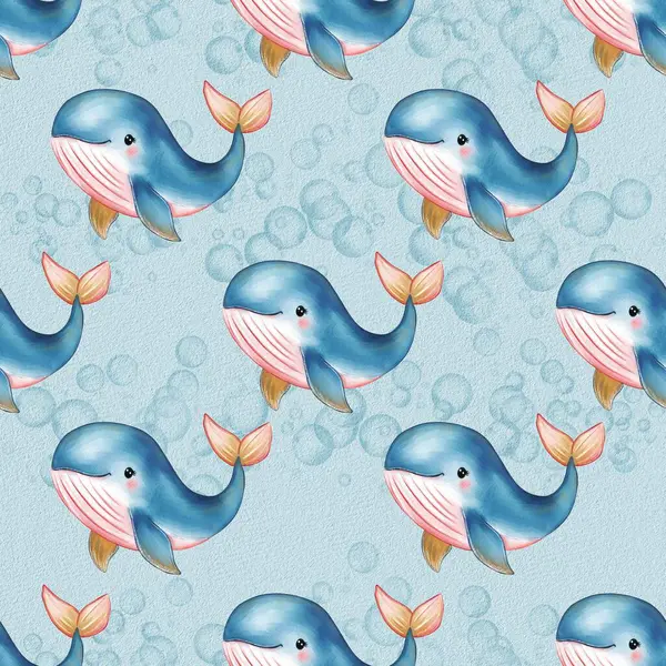 Açık mavi bir zemin üzerinde köpüklerle yüzen sevimli çizgi film balinalarını gösteren suluboya desenli tuhaf bir desen. Balinaların pembe aksanları ve neşeli ifadeleri var..