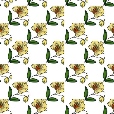 Turuncu merkezli sarı çiçekler ve beyaz arka planda yeşil yapraklar içeren kusursuz bir vektör deseni. Tasarım canlı ve tekstil veya duvar kağıtları için uygundur..