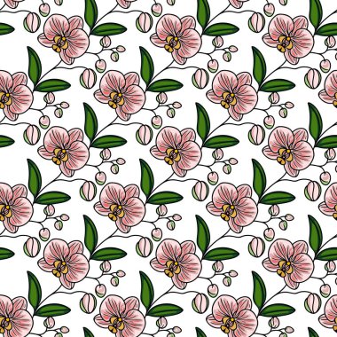 Pembe orkideler ve beyaz arka planda yeşil yapraklardan oluşan kusursuz bir vektör deseni. Tasarım narin tomurcukları ve çiçekleri içeriyor, canlı ve taze bir görünüm yaratıyor..