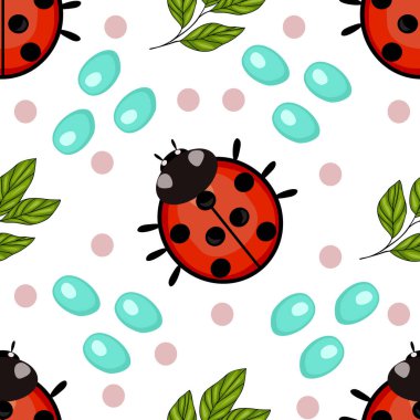 Beyaz arka planda renkli uğur böcekleri, yeşil yapraklar ve su damlacıkları içeren kusursuz bir vektör deseni. Uğur böcekleri siyah noktalı parlak kırmızı renktedir. Tasarıma eğlenceli bir dokunuş ekler..