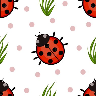 Beyaz arka planda pembe benekler ve yeşil çimlerle çevrili sevimli uğur böcekleri içeren kusursuz bir vektör deseni. Çocuk tasarımları veya doğa temalı projeler için ideal.