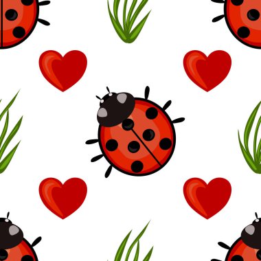 Beyaz arka planda, yeşil çimen elementleriyle tamamlanmış uğurböcekleri ve kırmızı kalplerden oluşan tuhaf bir vektör deseni..