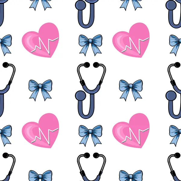 Stetoskoplar, kalp atışı çizgileri olan pembe kalpler ve beyaz arka planda mavi fiyonklar içeren kusursuz bir vektör deseni. Tıbbi veya sağlık temalı tasarımlar için ideal.