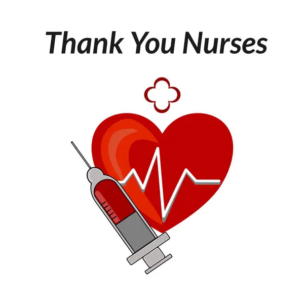Kalp atışı çizgisi ve şırıngayla birlikte kırmızı bir kalp içeren vektör grafik tasarımı. Teşekkürler Hemşireler.