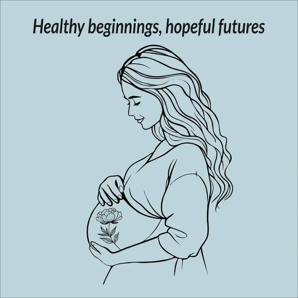 Dünya Sağlık Günü için çiçek sembollü hamile kadın çizgisi sanatı, pastel mavi arka planda vektör çizgisi çizimi