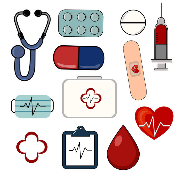 Векторная коллекция медицинских икон, включая стетоскоп, таблетки, шприц, бинт, аптечку, сердце с сердечным ритмом и капельку крови.