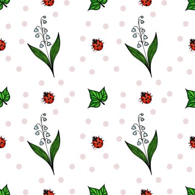 Uç böcekler, yeşil yapraklar ve puantiyeli beyaz çiçeklerden oluşan kusursuz bir vektör deseni..