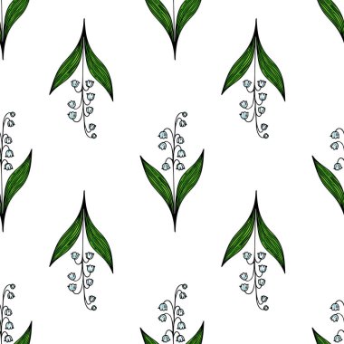 Beyaz arka planda yeşil yapraklı vadi çiçeklerinin stilize edilmiş zambaklarını içeren pürüzsüz bir desen. Tasarım zarif ve tekstil veya duvar kağıtları için uygundur..