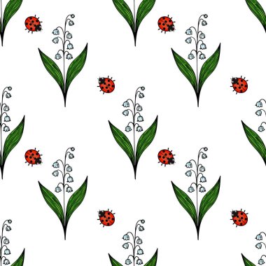 Kırmızı uğur böcekleri eşliğinde yeşil yapraklı ve beyaz çiçekli biçimlendirilmiş çiçeklerden oluşan kusursuz bir vektör deseni. Tasarım neşeli ve canlı, kumaş veya duvar kağıdı için uygun..