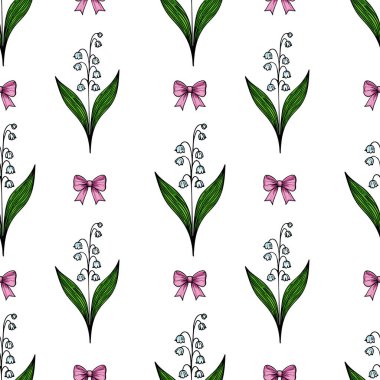 Beyaz arka planda yeşil yapraklı ve pembe fiyonklu vadi çiçeklerinin narin zambaklarını içeren pürüzsüz bir desen..