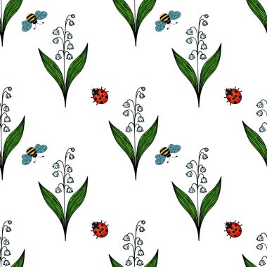 Şekillendirilmiş çiçekler, arılar ve uğur böcekleri içeren kusursuz bir vektör deseni. Tasarımda yeşil yapraklar, vadideki beyaz zambak çiçekleri, mavi arılar ve beyaz arka plandaki kırmızı uğur böcekleri yer alıyor..