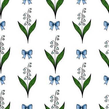 Beyaz arka planda yeşil yapraklı ve mavi fiyonklu vadi çiçeklerinin biçimlendirilmiş zambaklarını içeren kusursuz bir vektör deseni..