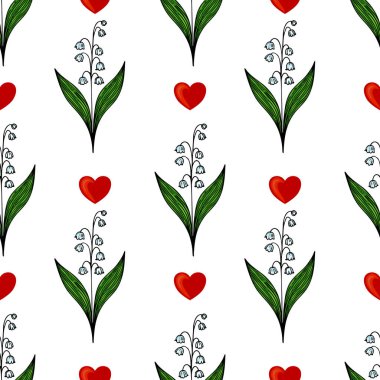 Kırmızı kalpler ve yeşil yapraklarla vadi çiçeklerinin beyaz zambaklarını içeren pürüzsüz bir desen. Tasarım beyaz bir arkaplanda, yeni ve canlı bir görünüm yaratıyor..
