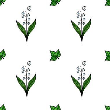 Beyaz arka planda yeşil yapraklı, vadi çiçeklerinin beyaz zambaklarını içeren kusursuz bir vektör deseni. Tasarım zarif ve tekstil veya duvar kağıtları için uygundur..