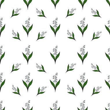 Beyaz arka planda yeşil yapraklı vadi çiçeklerinin narin zambaklarını içeren pürüzsüz bir desen. Tasarım zarif ve tekstil veya duvar kağıtları için uygundur..