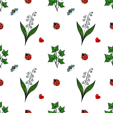 Beyaz arka planda çiçekler, arılar, uğur böcekleri, yeşil yapraklar ve kırmızı kalplerden oluşan kusursuz bir vektör deseni.