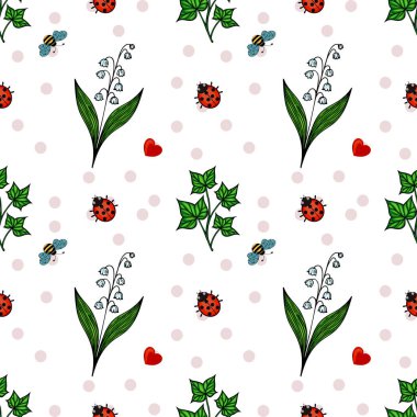 Uğur böcekleri, arılar, vadi çiçekleri, yeşil sarmaşık yaprakları ve puantiyeli kırmızı kalplerden oluşan kusursuz bir vektör deseni..