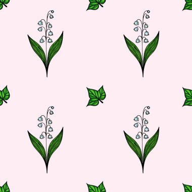 Beyaz çan şeklinde çiçekleri ve yeşil yaprakları olan, yumuşak pembe arka planda uzanan, vadideki çiçeklerin narin zambaklarını içeren, pürüzsüz bir desen..