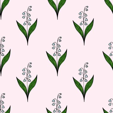 Yumuşak pembe arka planda yeşil yapraklı, vadideki çiçeklerin narin zambaklarını içeren pürüzsüz bir desen..