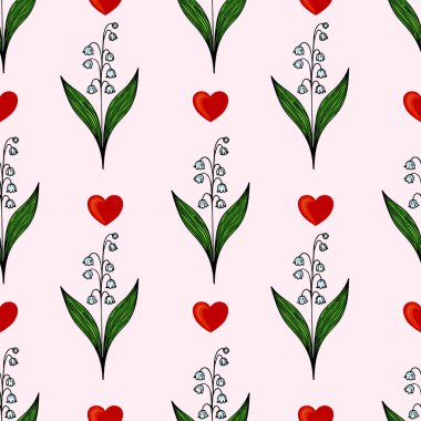 Kırmızı kalpler ve yumuşak pembe arka planda yeşil yapraklı beyaz çiçekli vadi çiçekleri içeren pürüzsüz bir desen..