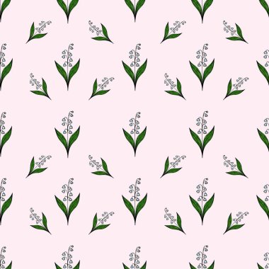 Yumuşak pembe arka planda yeşil yapraklı narin beyaz çiçekleri içeren kusursuz bir vektör deseni. Tasarım zarif ve tekstil veya duvar kağıtları için uygundur..