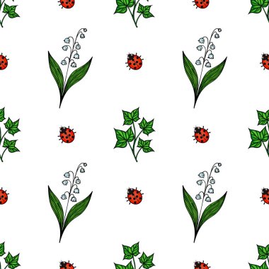 Beyaz arka planda yeşil yapraklar, beyaz çiçekler ve kırmızı uğur böceklerinden oluşan kusursuz bir vektör deseni. Tasarım eğlenceli ve canlı, tekstil veya duvar kağıtları için uygun..