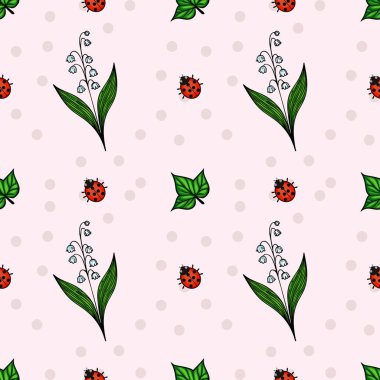 Uç böcekler, yeşil yapraklar ve ince benekli yumuşak pembe arka planda beyaz çiçeklerden oluşan kusursuz bir vektör deseni..