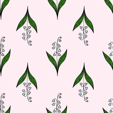 Yumuşak pembe arka planda yeşil yapraklı vadi çiçeklerinin stilize edilmiş zambaklarını içeren pürüzsüz bir desen..