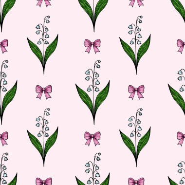 Yumuşak pembe arka planda yeşil yapraklı ve pembe fiyonklu vadideki çiçeklerin narin zambaklarını içeren pürüzsüz bir desen..