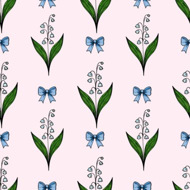 Yeşil yapraklı ve açık pembe arka planda mavi fiyonklu vadi çiçeklerinin biçimlendirilmiş zambaklarını içeren kusursuz bir vektör deseni..