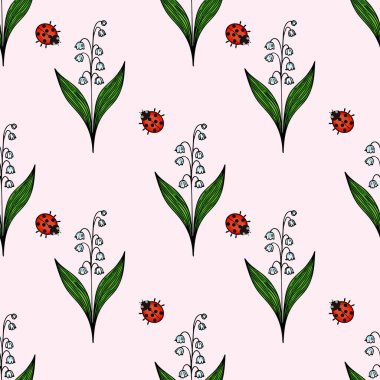 Yumuşak pembe arka planda uğur böcekleri ve nilüfer çiçekleri içeren kusursuz bir vektör deseni. Tasarımda canlı yeşil yapraklar ve narin beyaz çiçekler sergileniyor..