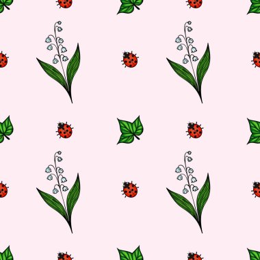 Yumuşak pembe arka planda biçimlendirilmiş çiçekler, yeşil yapraklar ve uğur böceklerinden oluşan kusursuz bir vektör deseni. Tasarım eğlenceli ve canlı, tekstil veya duvar kağıtları için uygun..