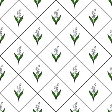 Vadi çiçeklerinin narin zambakları ve beyaz arkaplandaki yeşil sarmaşık yapraklarından oluşan pürüzsüz bir desen..