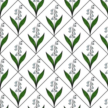 Vadi çiçeklerinin narin zambaklarını içeren, beyaz arka planda yeşil yapraklı, pırlanta şebeke düzeninde düzenlenmiş, pürüzsüz bir vektör deseni..