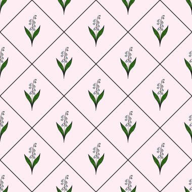 Narin yeşil yapraklar ve yumuşak pembe arka planda elmas bir ızgarada dizilmiş beyaz çiçeklerden oluşan kusursuz bir vektör deseni..