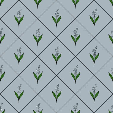 Açık mavi arka planda zarif beyaz çiçekli stilize edilmiş yeşil bitkiler içeren pürüzsüz bir desen. Tasarım elmas şebeke düzeninde düzenlenmiş, uyumlu bir görünüm yaratıyor..