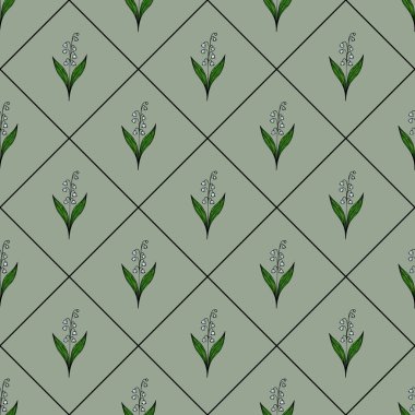 Şekillendirilmiş yeşil yapraklar ve sessiz yeşil arka planda elmas bir ızgarada dizilmiş narin beyaz çiçeklerden oluşan kusursuz bir vektör deseni..