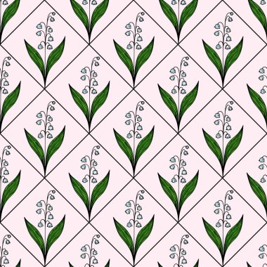 Kusursuz bir çiçek deseni. Yumuşak pembe arka planda yeşil yapraklı vadi çiçeklerinin stilize edilmiş çiçekleri. Tasarım elmas şebeke düzeninde düzenlenmiştir..
