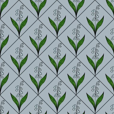 Kusursuz bir çiçek deseni, açık mavi arka planda yeşil yapraklı vadi çiçeklerinin stilize edilmiş zambaklarını gösteriyor. Tasarım simetrik ve tekrarlı, uyumlu bir görünüm yaratıyor..
