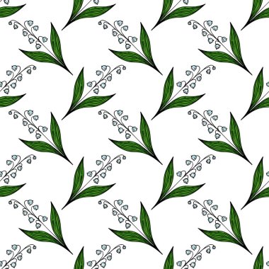 Kusursuz bir çiçek deseni. Beyaz arka planda yeşil yapraklı vadi çiçeklerinin narin zambakları..