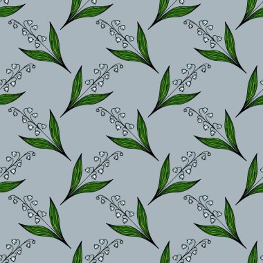 Yumuşak mavi arka planda yeşil yapraklı, narin çiçekleri içeren kusursuz bir vektör deseni..