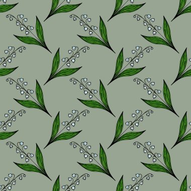 Yeşil yapraklı, soluk yeşil arkaplanlı, narin çiçekleri içeren kusursuz bir vektör deseni. Tasarım zarif ve çiçeklidir. Tekstil ve duvar kağıtları için uygundur..