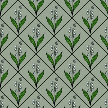 Kusursuz bir çiçek deseni. Sönük yeşil arka planda yeşil yapraklı vadi çiçeklerinin narin zambakları. Tasarım elmas şebeke düzeninde düzenlenmiş, uyumlu bir görünüm yaratıyor..